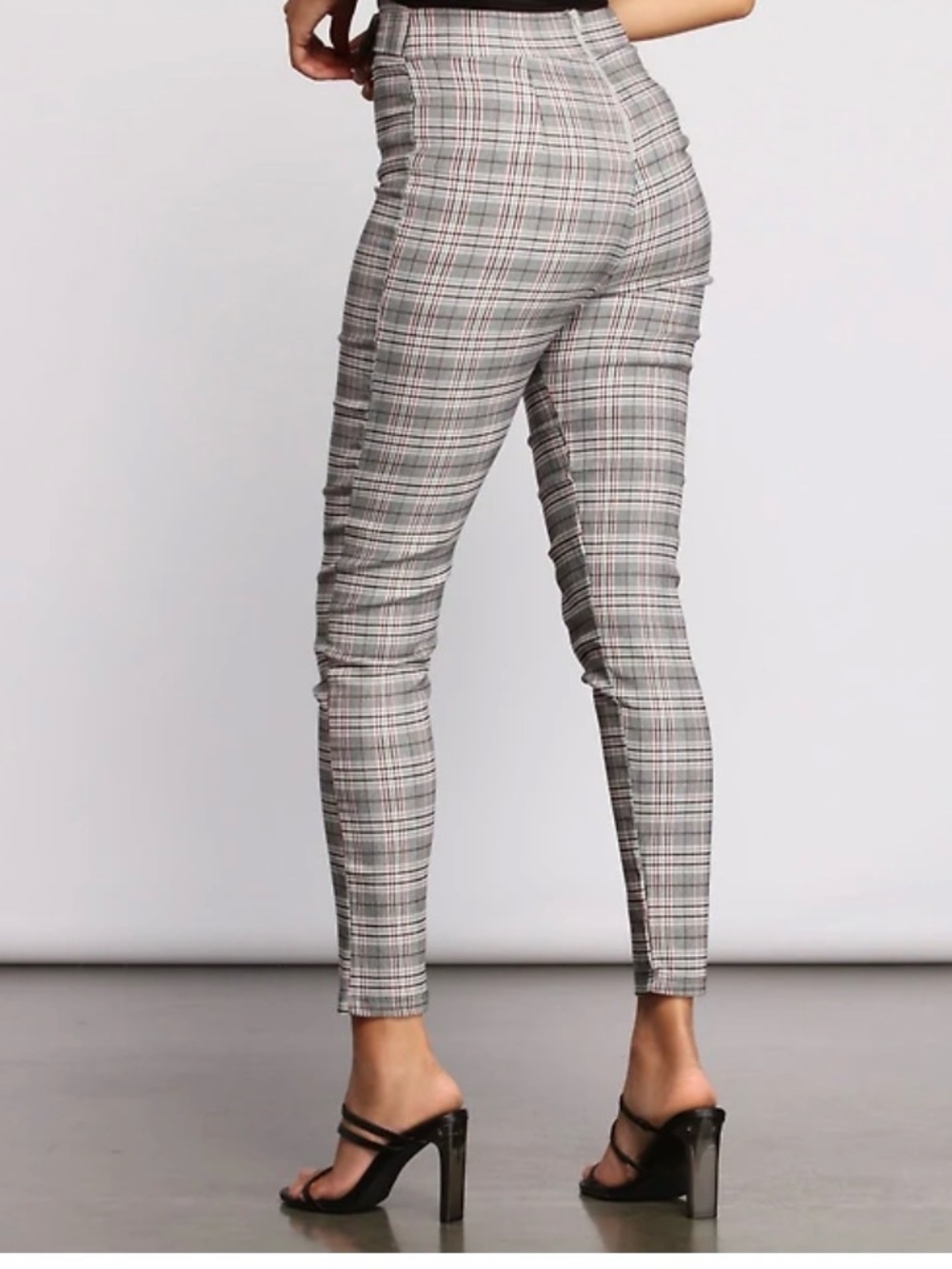 Plaid High-Waist Skinny Pants - Gray